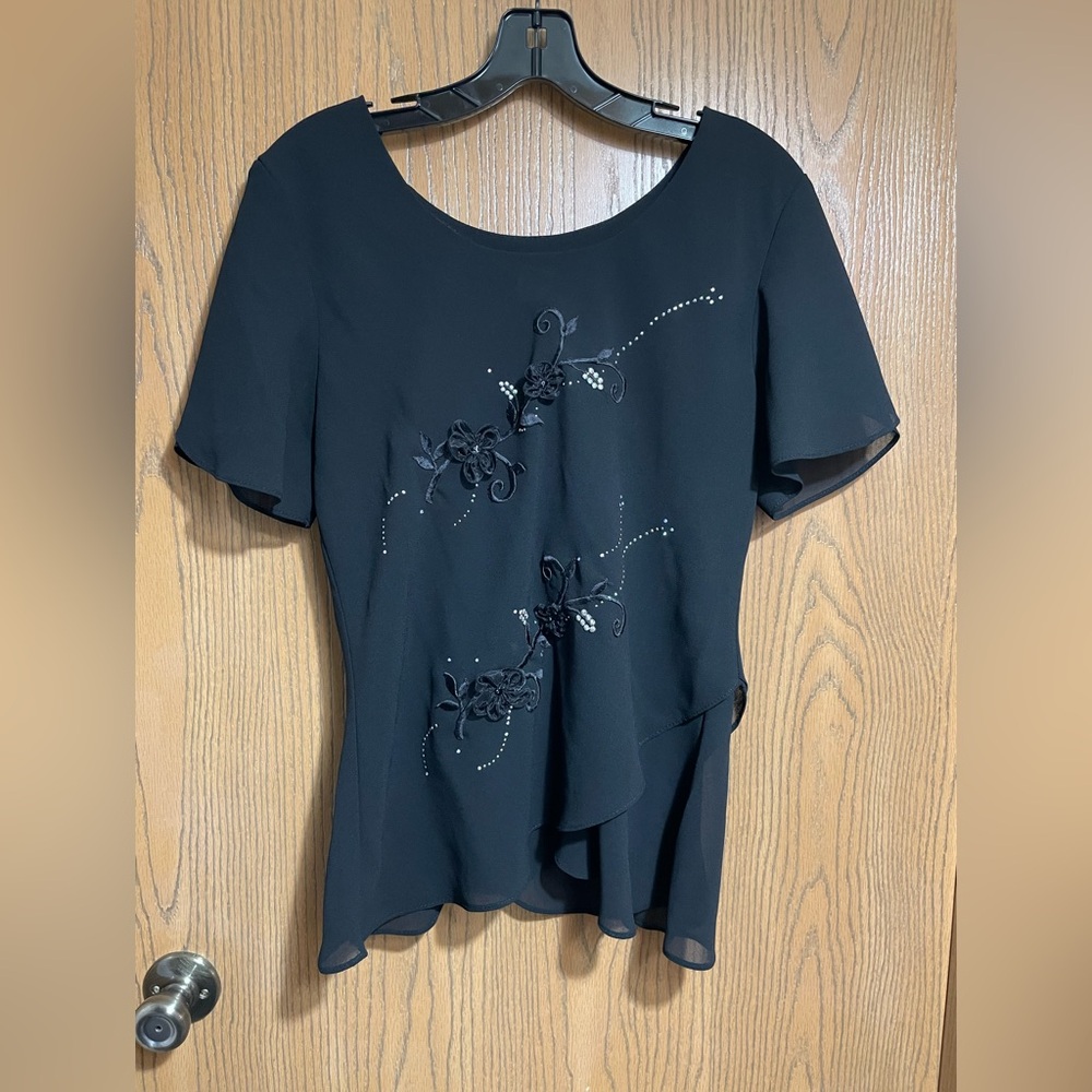 EUC Black Floral Blouse with Embellishments and Flutter Sleeves